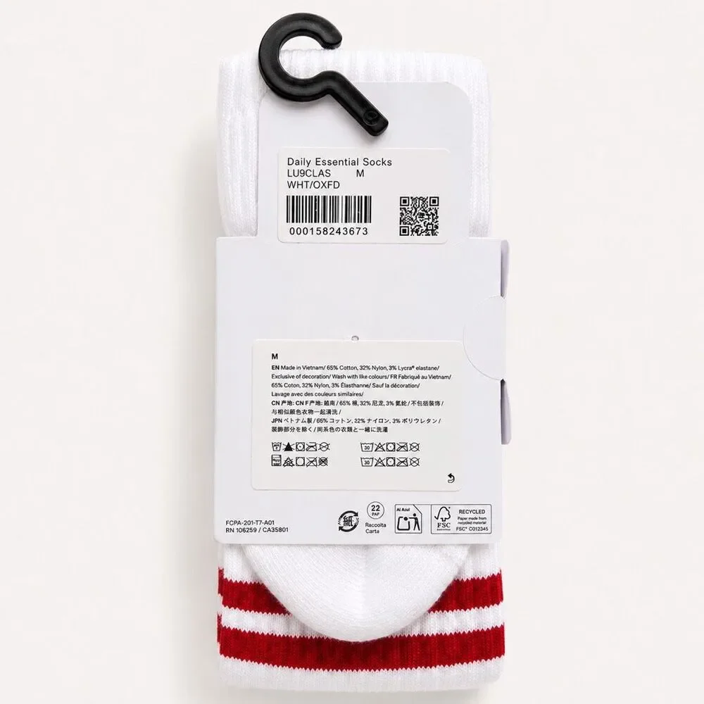 Lululemon White Red Stripe Daily Essential Crew Socks Unisex Medium NWT